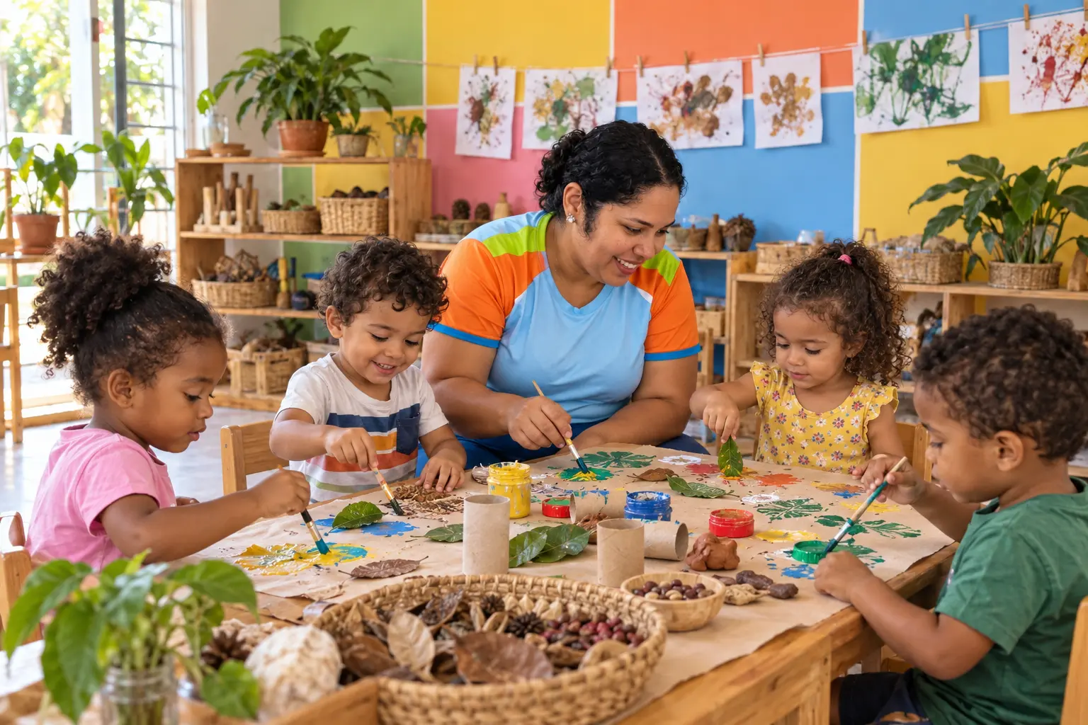Educadora com crianças pintando e explorando materiais naturais no ateliê